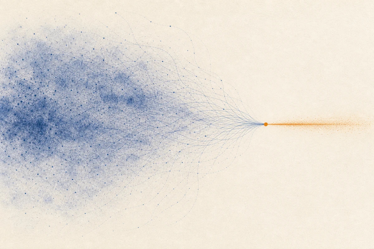 Complex agent traces converging into a clear evidence-backed optimization signal