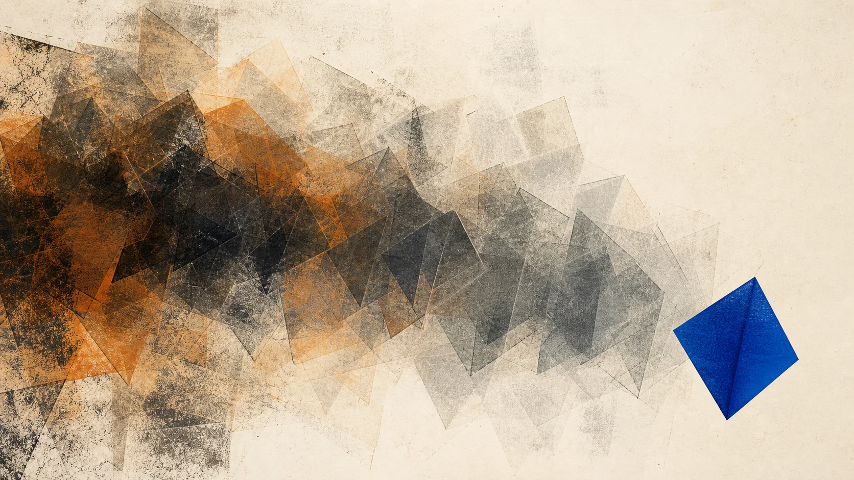 Abstract print of faded geometric forms accumulating into noise beside one crisp sapphire shape