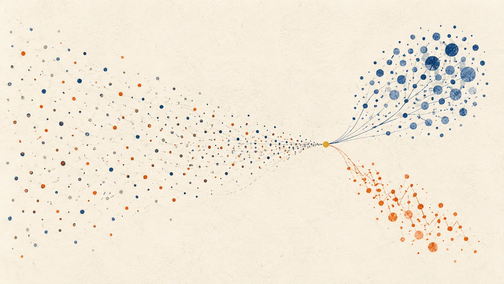 A scatter of dots resolving into a calm blue cluster of successful runs and a jagged orange cluster of failing runs