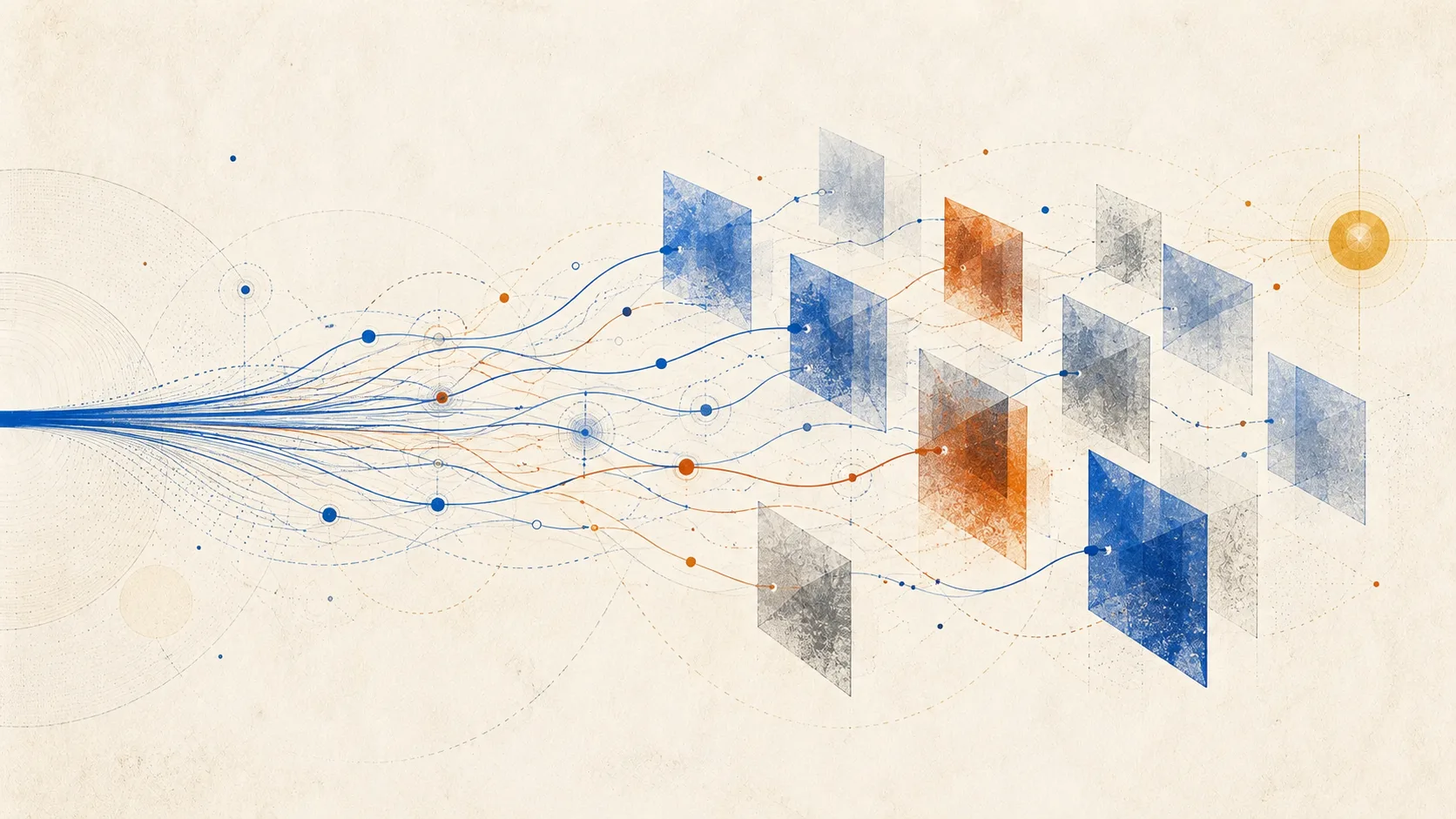 Translucent blue, orange, and grey panes connected by fine threads to a flowing stream of traces