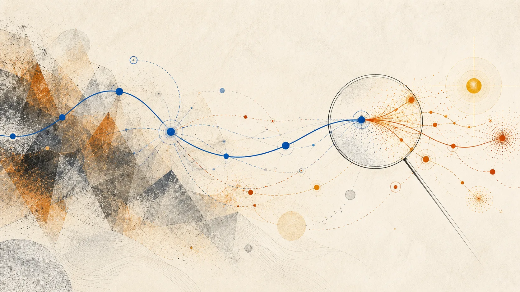 A winding blue trajectory with a magnifying ring over the point where it frays into orange