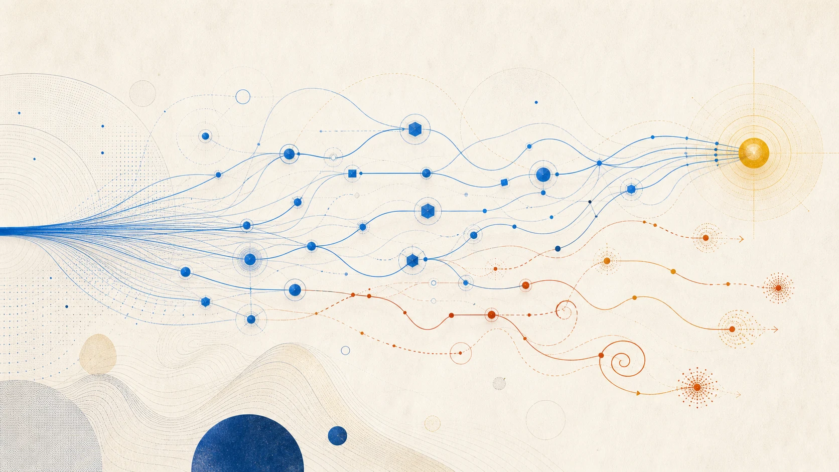 Abstract agent traces branching through tool calls toward successful, failed, and looping outcomes