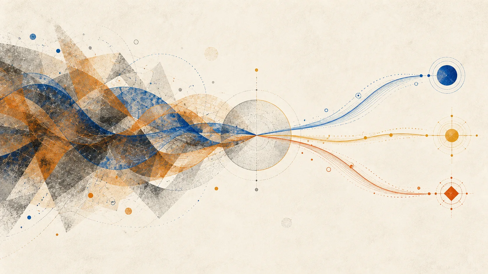 A tangle of blue, orange, and grey ribbons passing through a quiet circle and emerging as three separate streams