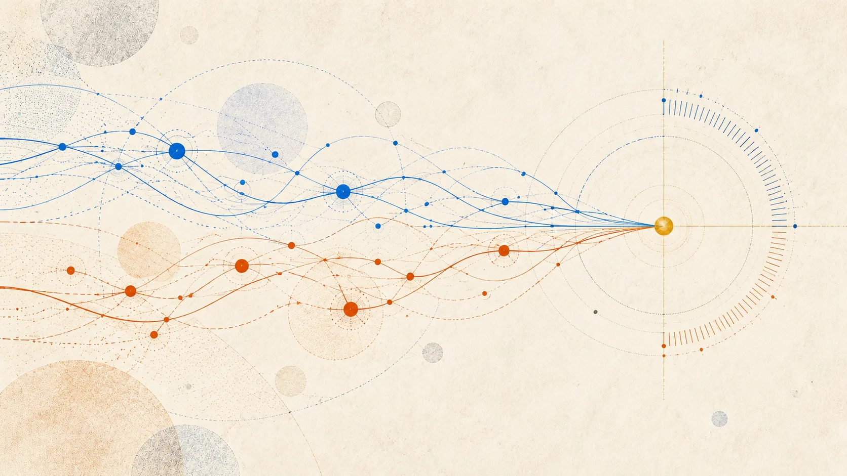 Blue and orange trajectories passing through fine calibration arcs and a graduated scale around a golden point